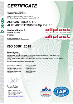 Aliplast 50001-2018 Certificate Reissued April 25, 2023
