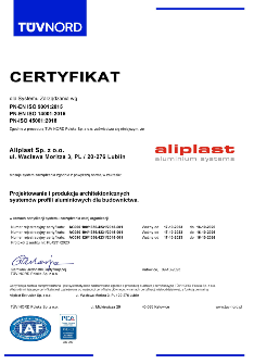 Certyfikat Aliplast Aluminium Systems ISO 9001, 14001, 45001 - PL