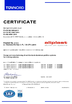 Certyfikat Aliplast Aluminium Systems ISO 9001, 14001, 45001 - EN