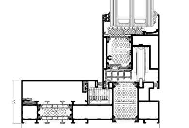 przekrój przez ościeżnicę i skrzydło w systemie UG Thermo Monorail (UG9820NP + UG9613)